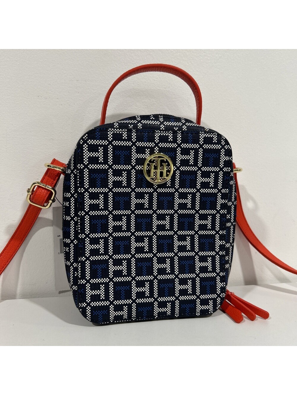 TOMMY HILFIGER Blue Monogram Crossbody Bag With Red Strap New With Tags
